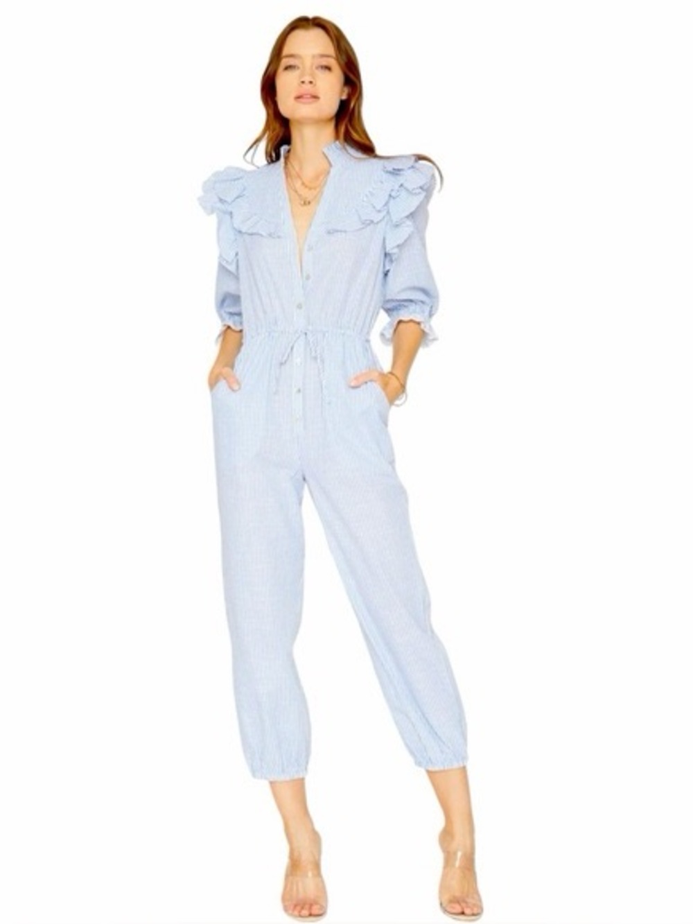 Caballero NWOT Casidy Ruffle Pinstripe Jumpsuit Size XS